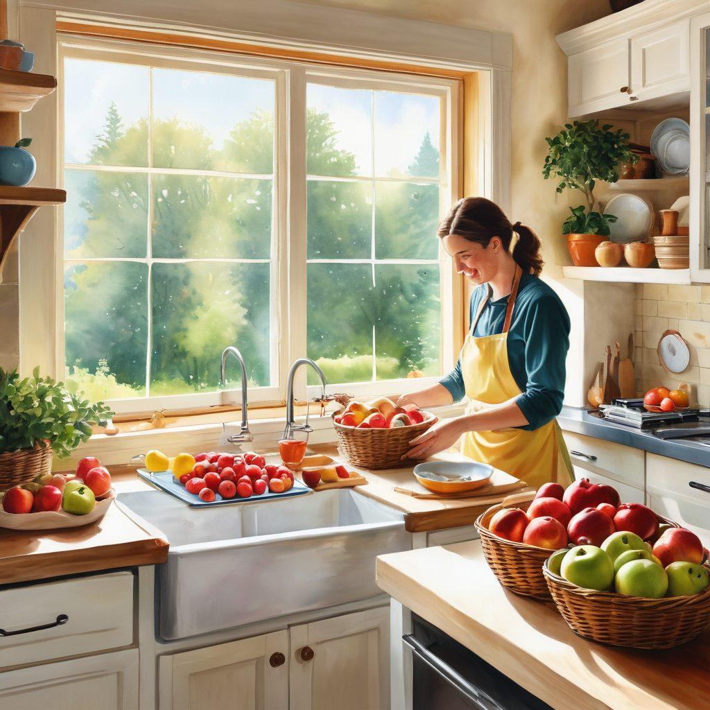 A cozy kitchen scene featuring a loving couple preparing apple-based dishes together, surrounded by fresh apples and vibrant kitchen utensils. Soft natural light filters through a window, illuminating their smiles and the delicious recipes they're creating. The background includes a colorful fruit basket and a warm, inviting atmosphere that evokes feelings of love and togetherness. watercolor painting. warm colors. bright sunlight.