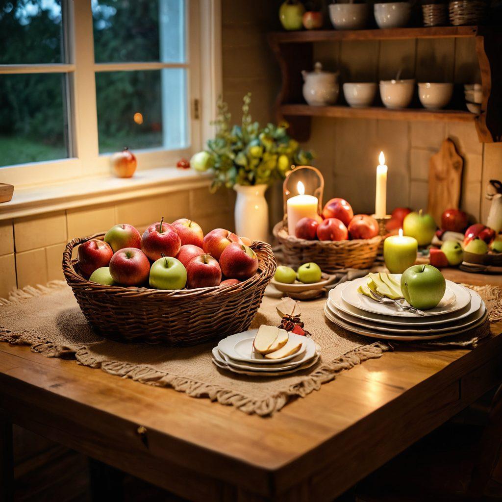 A romantic kitchen scene with a cozy atmosphere, featuring a beautifully arranged table with various apple dishes, soft candlelight casting warm shadows, fresh apples in a rustic basket, and a couple sharing a joyful moment while preparing a dessert together. Use soft colors and a touch of whimsy to evoke love and sweetness. vibrant colors. soft lighting.