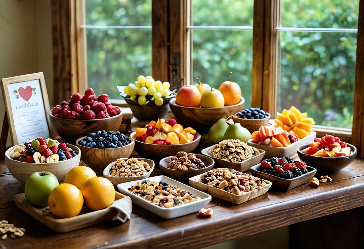 An assortment of colorful, wholesome snacks beautifully arranged on a rustic wooden table, featuring fresh fruits, nuts, and granola bars. In the background, a warm, inviting kitchen setting with natural light filtering through a window, creating a cozy atmosphere. Add elements of affection, such as heart-shaped fruit cutouts and a handwritten recipe card. The overall scene should exude a sense of wellness and nourishment. vibrant colors. super-realistic. warm lighting.